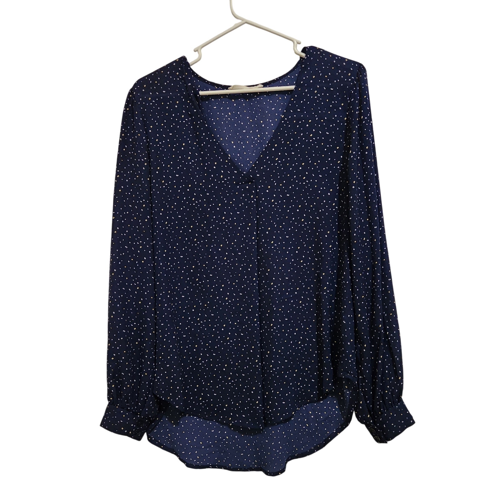 Lush Navy Blue All Over Print Pullover Casual Long Sleeve Sheer Blouse Top Large